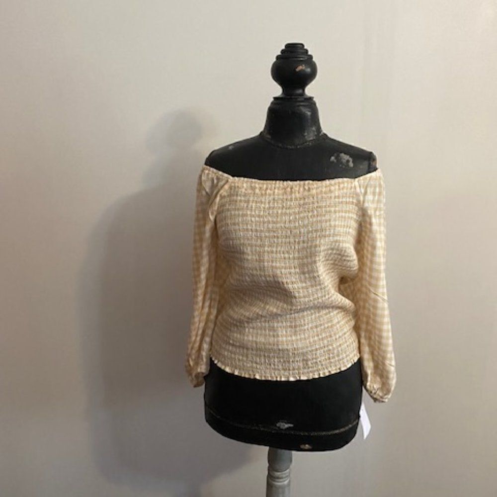 Lush Taupe/Cream Gingham Off the Shoulder long sleeve top, size 1X
